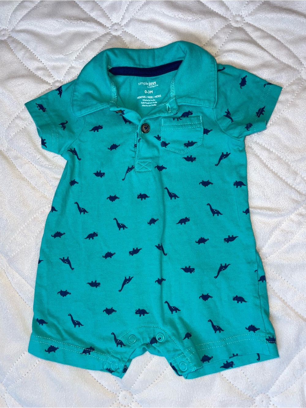 Baby Boy Simple Teal Polo Romper with Navy Dinosaur Print